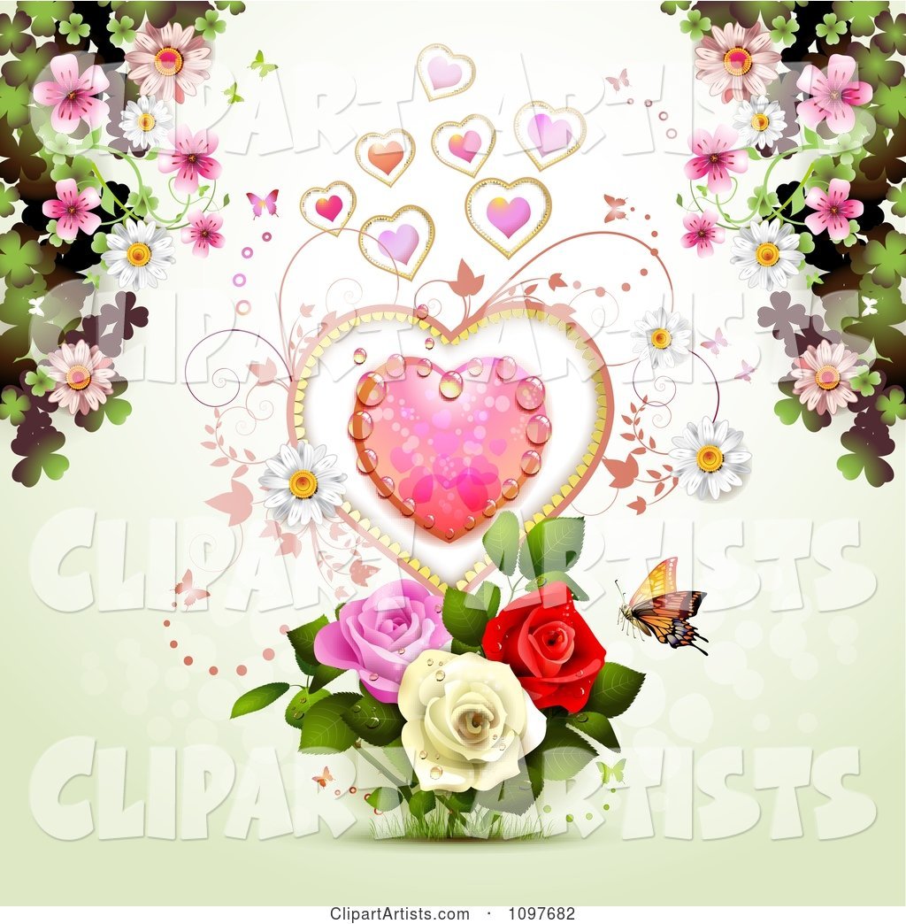 Valentines Day or Wedding Background with a Dewy Heart Roses Blossoms and Butterfly