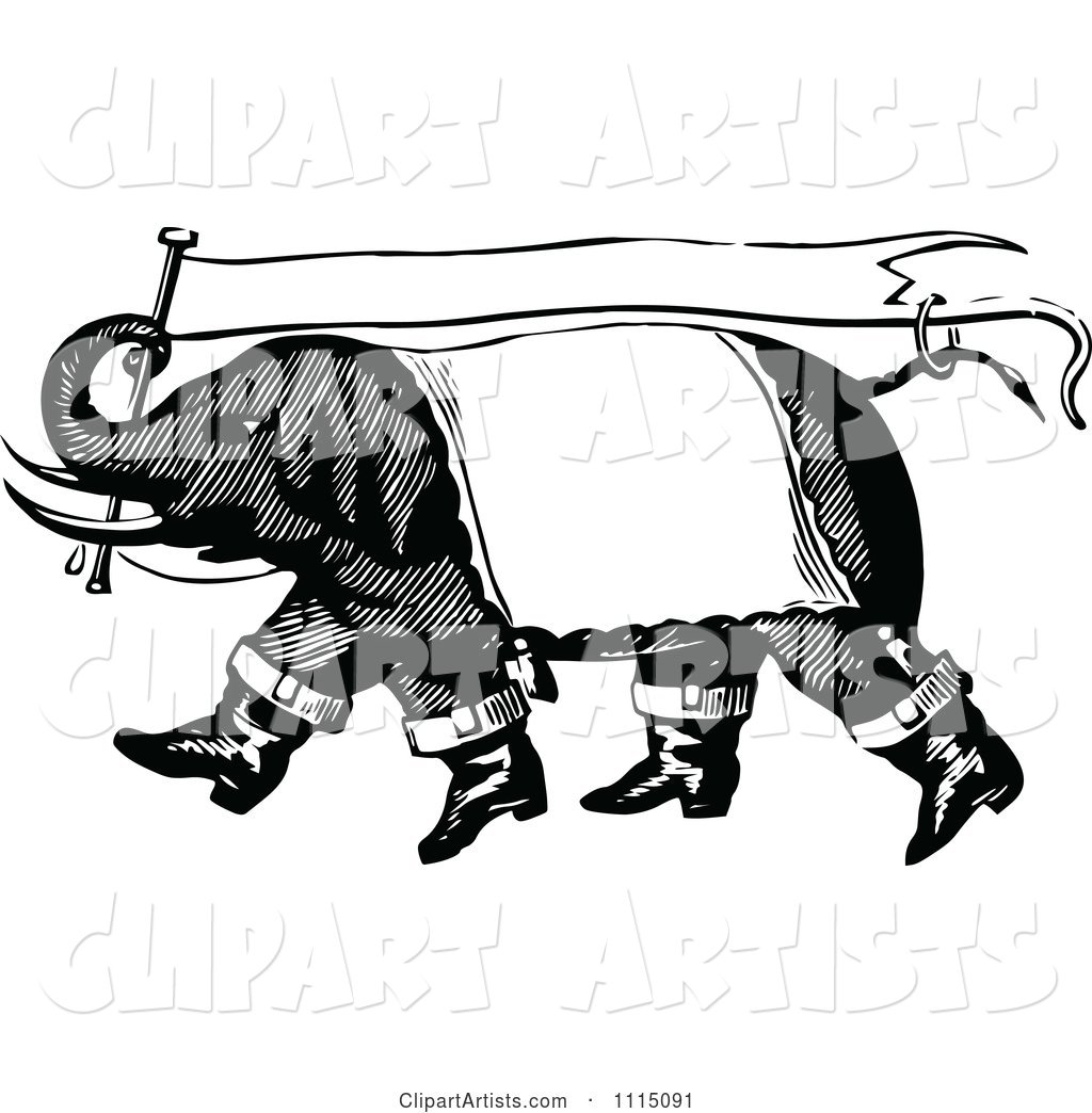 Vintage Black and White Circus Elephant Carrying a Banner Flag