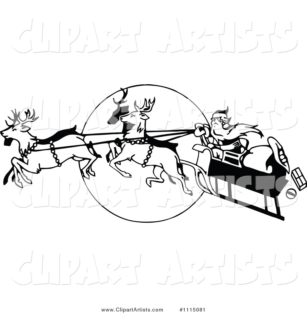 Vintage Black and White Flying Reindeer Leading Santas Sleigh over a Full Moon