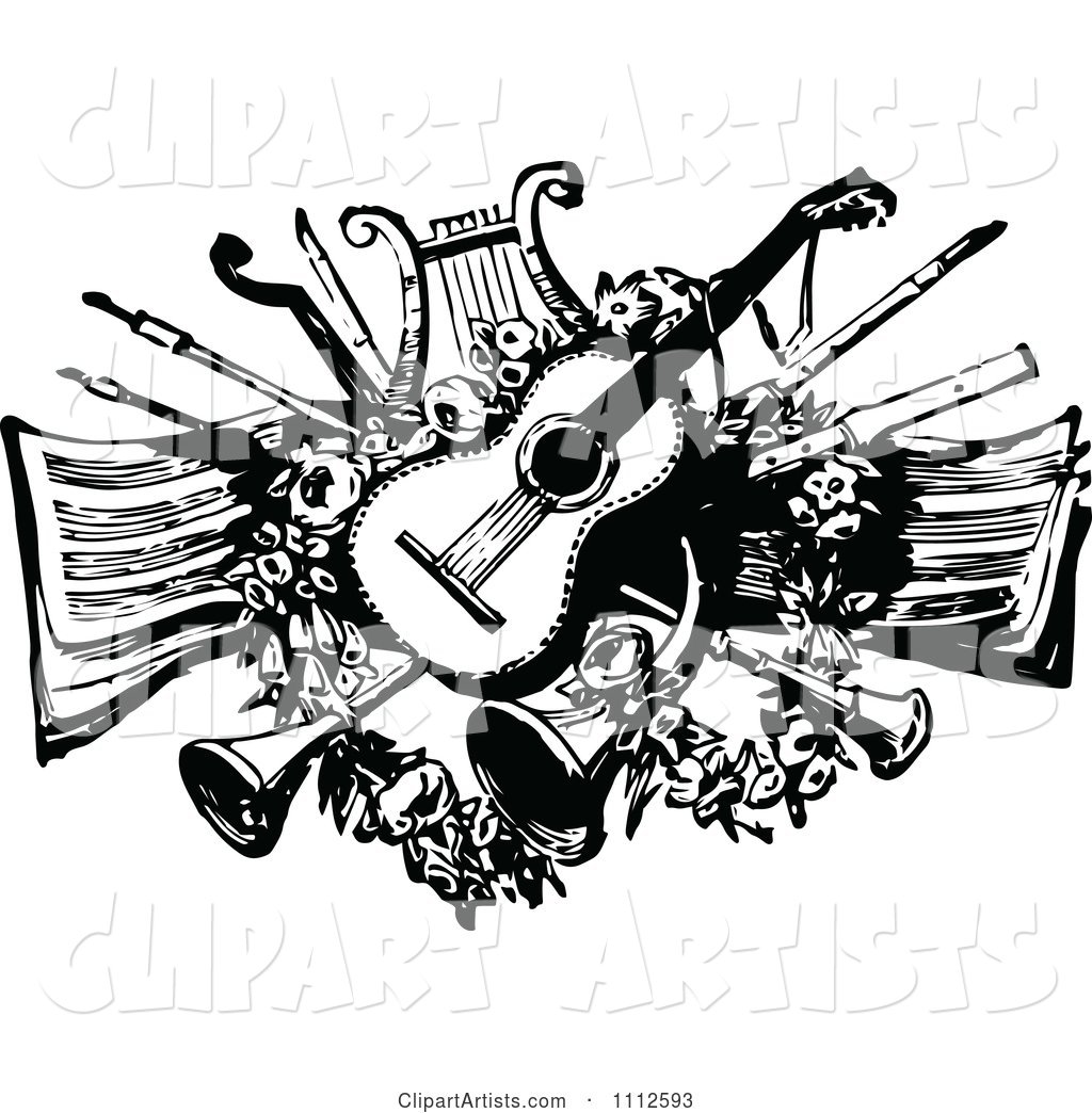 Vintage Black and White Guitar Lyre Horns and Other Instruments over Sheet Music