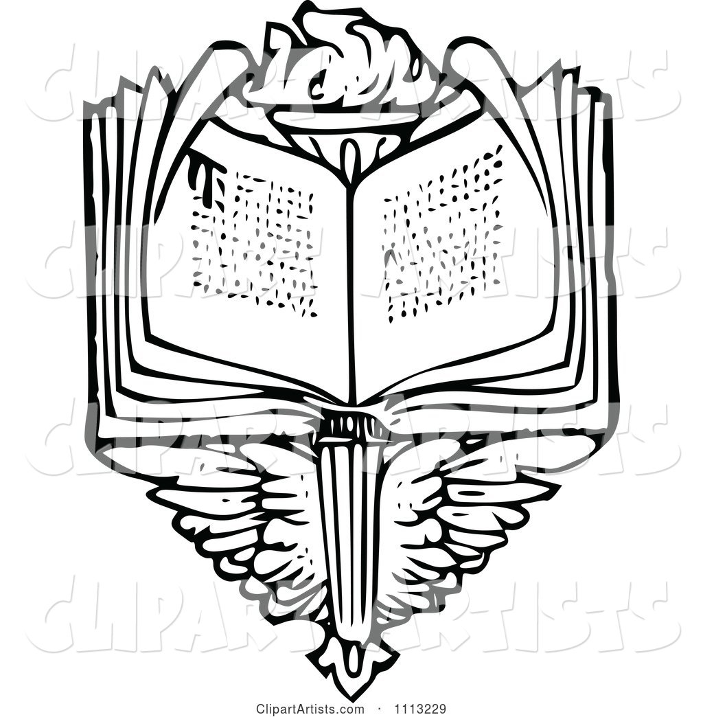 Vintage Black and White Open Book over Wings and a Torch
