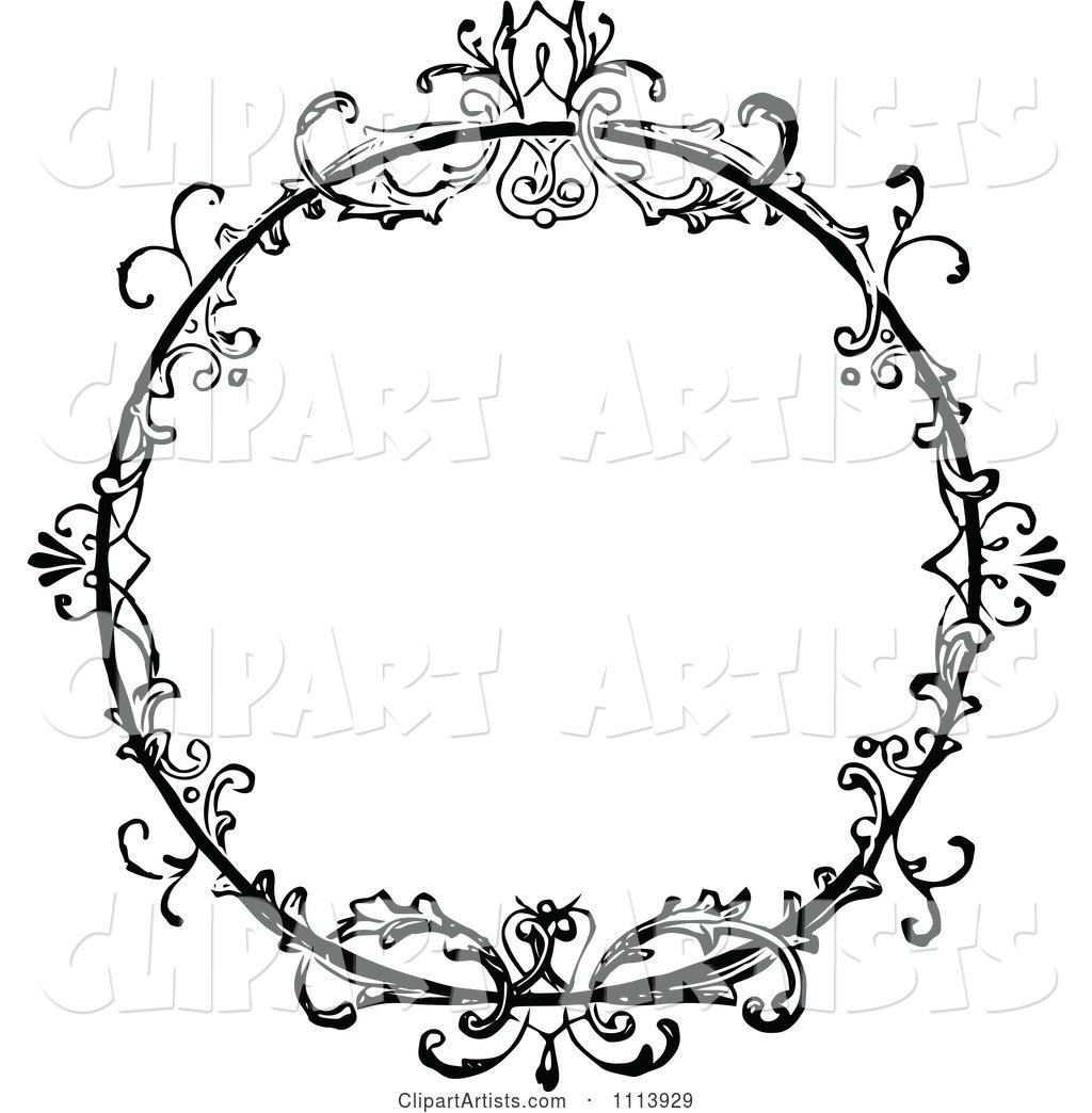 Vintage Black and White Ornate Floral Round Frame
