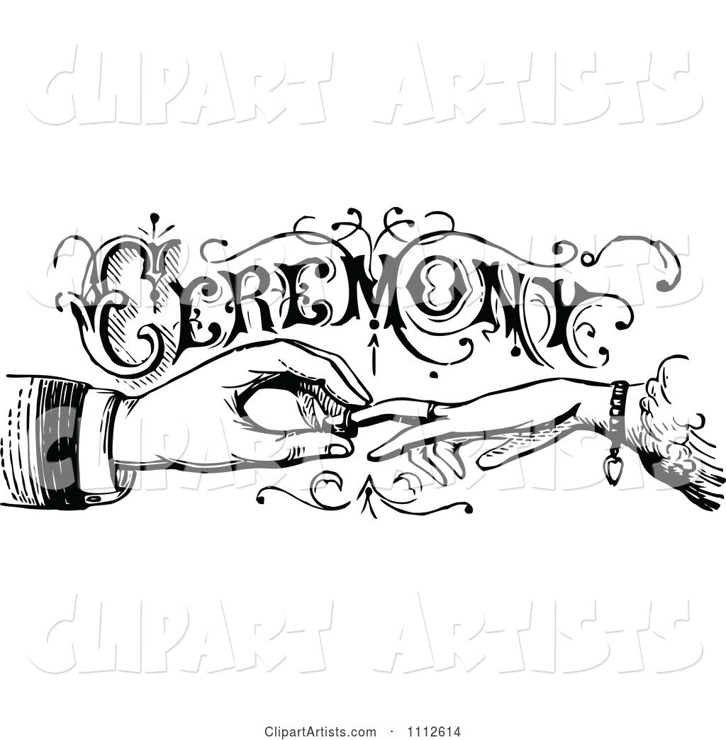Vintage Black and White Wedding Ceremony Sign with Hands Exchanging Rings