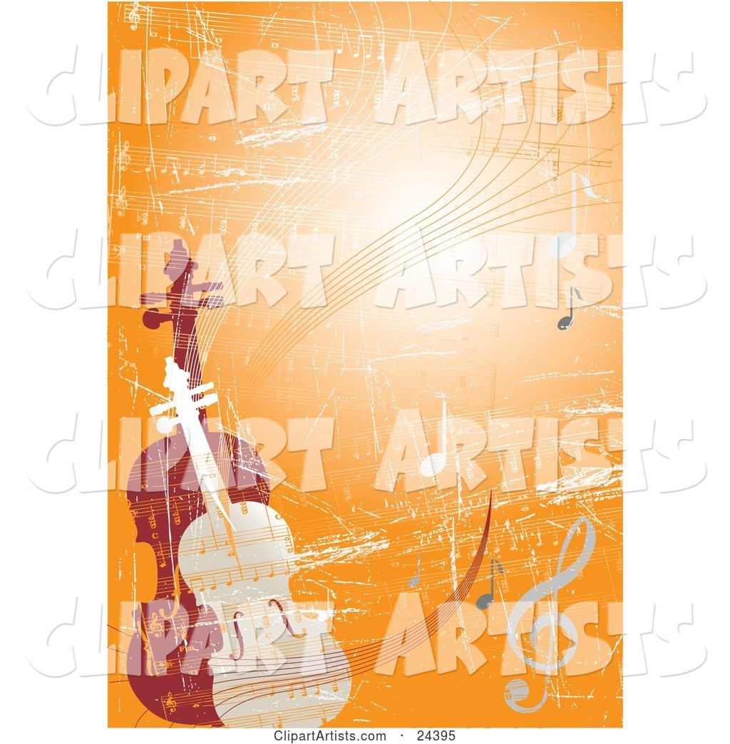 Violin and Viola or Cello Standing Upright on an Orange Grunge Background with Sheet Music and Notes