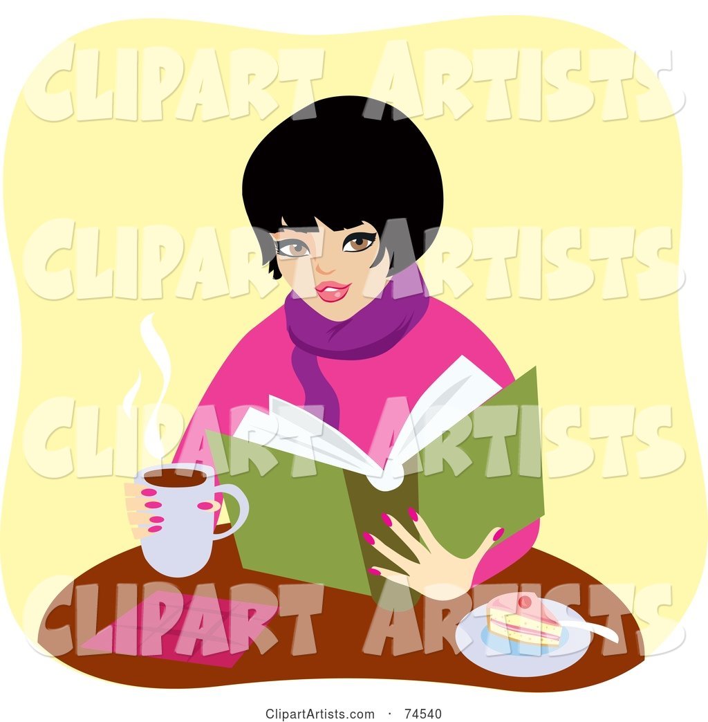 Warm Woman Drinking Coffee and Eating Cake While Reading a Book