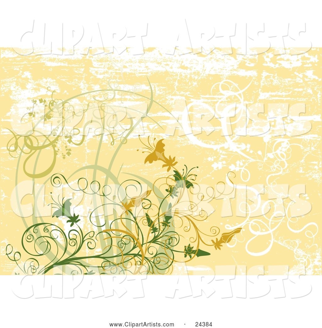White, Green and Orange Vines, Plants and Flowers over a Faded Grunge Orange and White Background