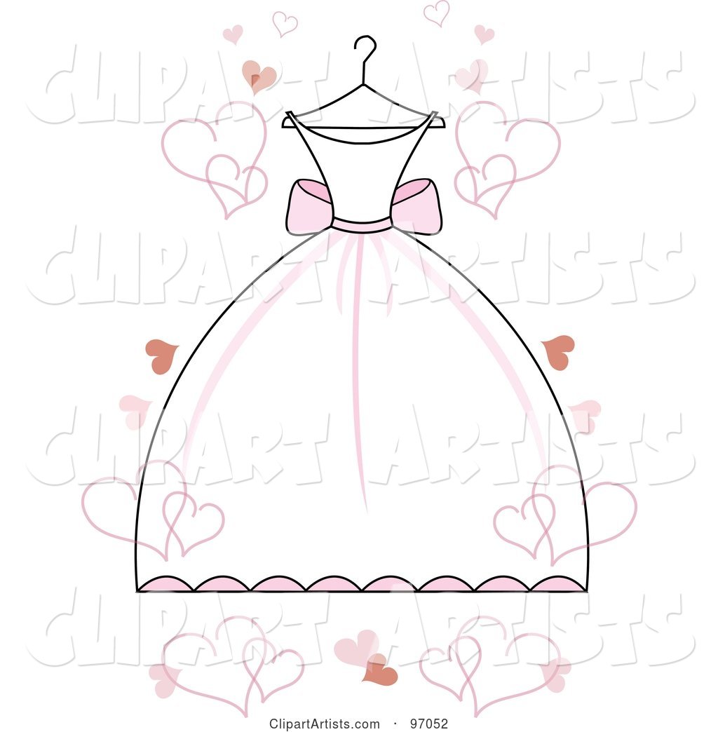 White Wedding Dress with Pink Accents on a Hanger, with Floating Hearts