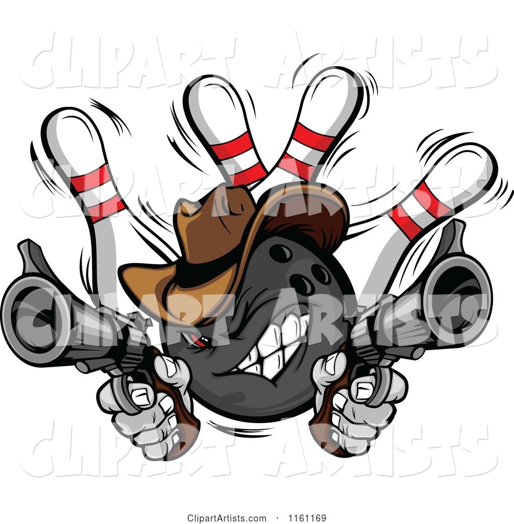 Wild West Cowboy Bowling Ball Bandit Shooting Pistols over Pins