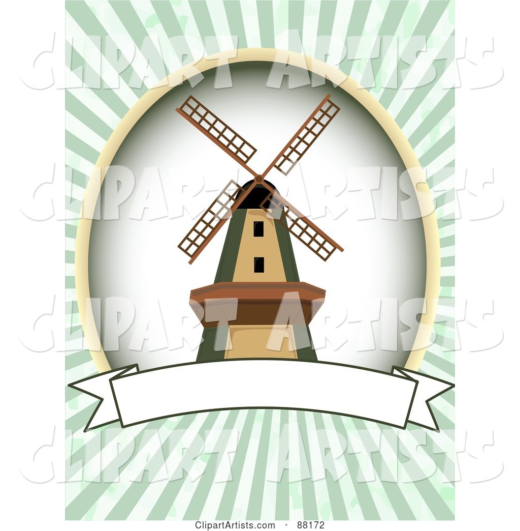 Windmill over a Blank Banner with Green Retro Bursts