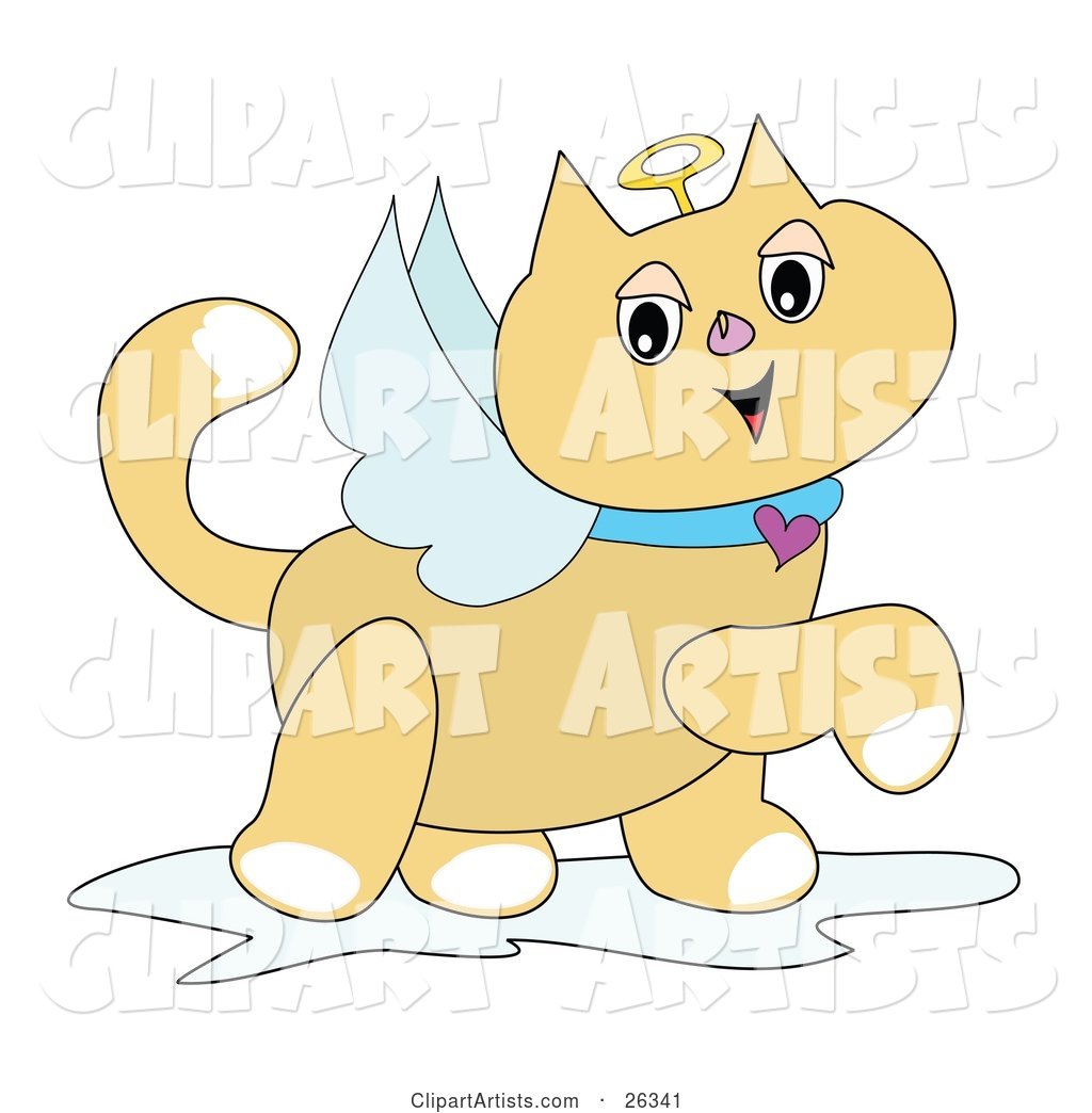 Winged Angel Cat with a Golden Halo and Heart Collar, Prancing by