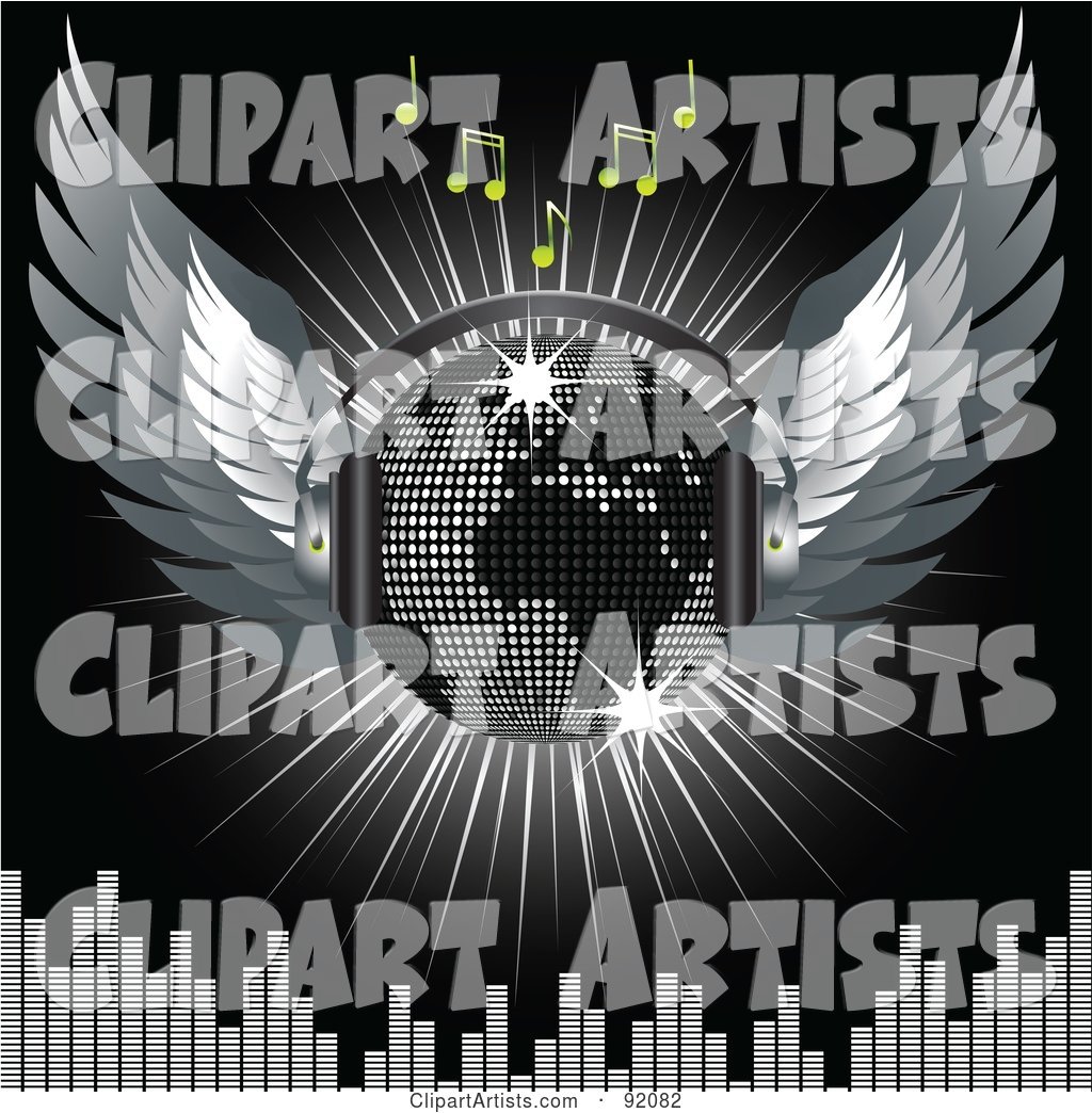 Winged Silver Map Disco Ball with Headphones with Music Notes, a Burst and a Equalizer Bars, on Black
