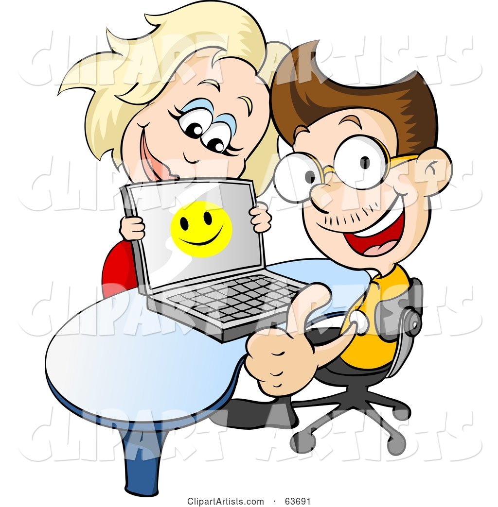 Woman Looking over Her Husband's Laptop As He Gives the Thumbs up