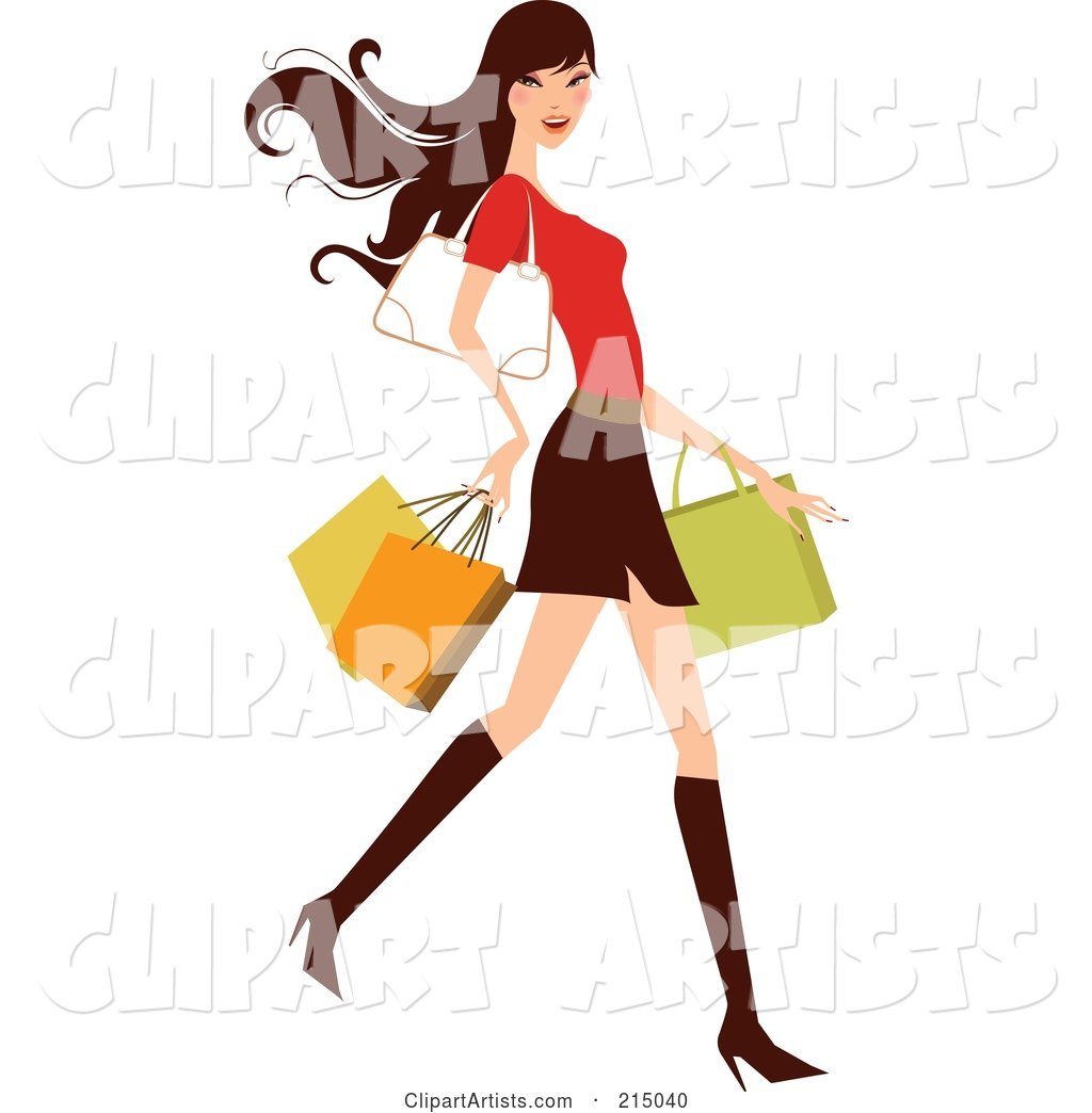 Woman Shopping in a Skirt and Red Shirt - Full Body