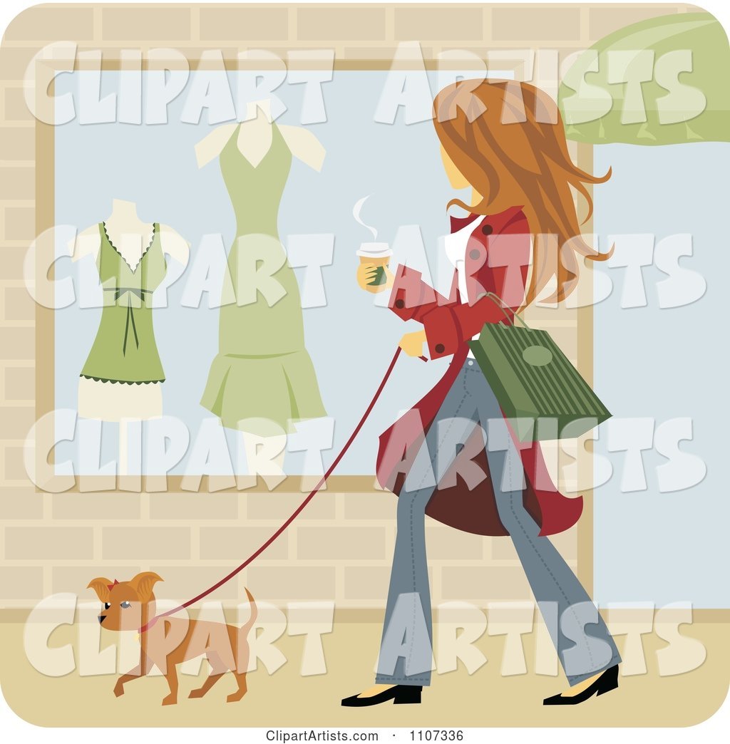 Woman Walking Her Pooch and Window Shopping with Coffee in Hand