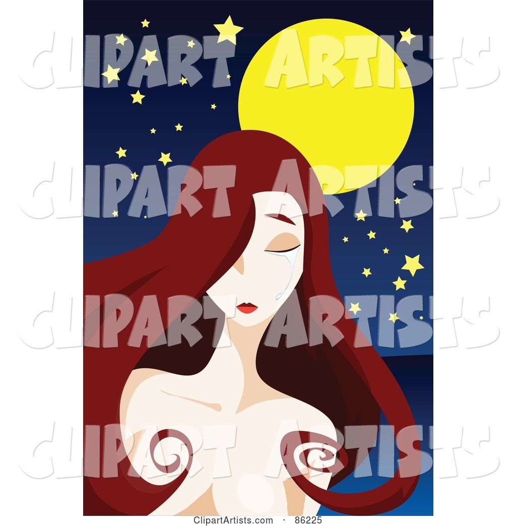 Woman with Long Brunette Hair, Standing Lonely Under a Full Moon