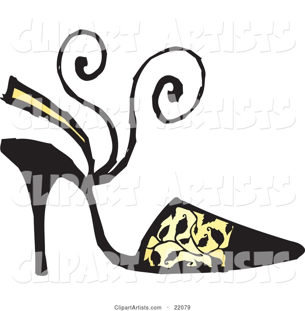 Woman's Black High Heel Shoe with a Sandal Heel Strap and Black Vine Pattern over Yellow