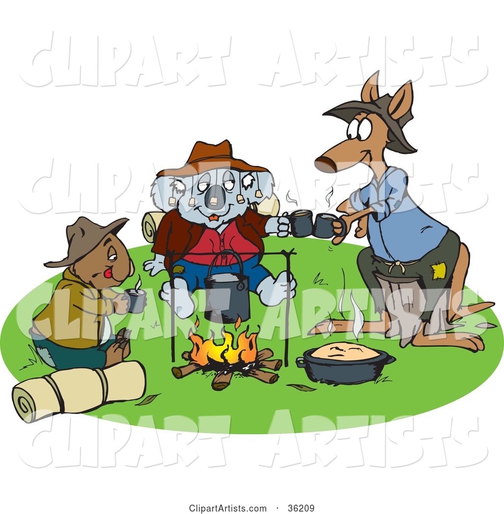 Wombat, Koala and Kangaroo Drinking Coffee and Keeping Warm by a Campfire