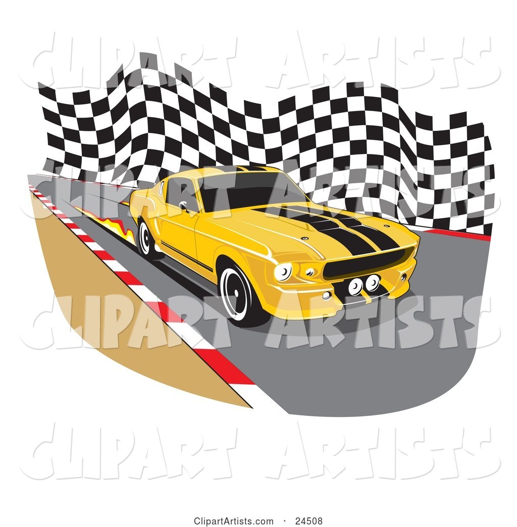 Yellow 1967 Ford Mustang Gt500 Muscle Car with Black Racing Stipes and Tinted Windows, Burning Flames on the Road While Racing