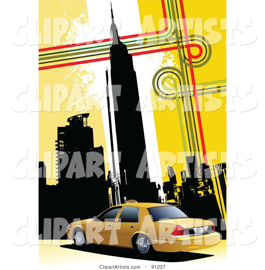 Yellow Background of New York Skyscrapers and a Taxi Cab