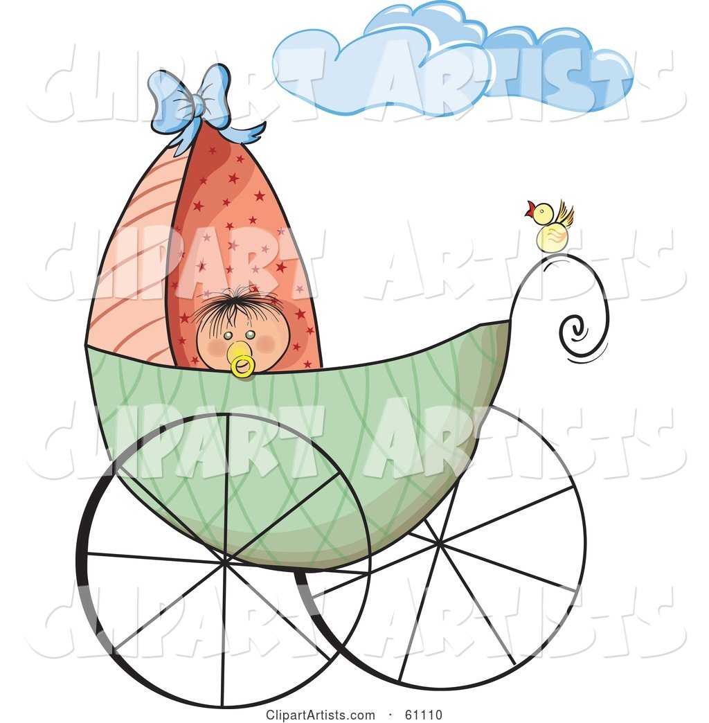 Yellow Bird Perched on the Rail of a Baby Carriage, the Baby Peeking over the Edge