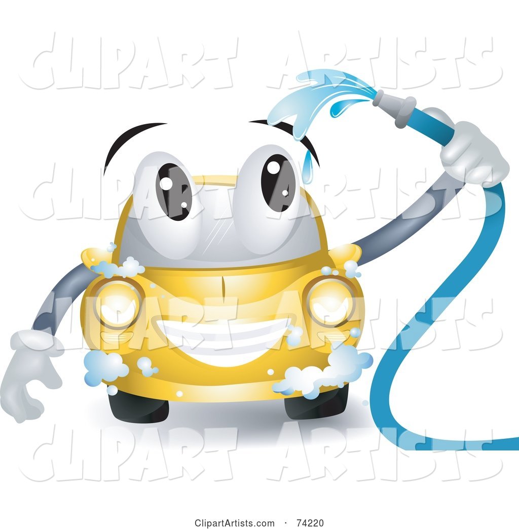 Yellow Car Character Washing Itself