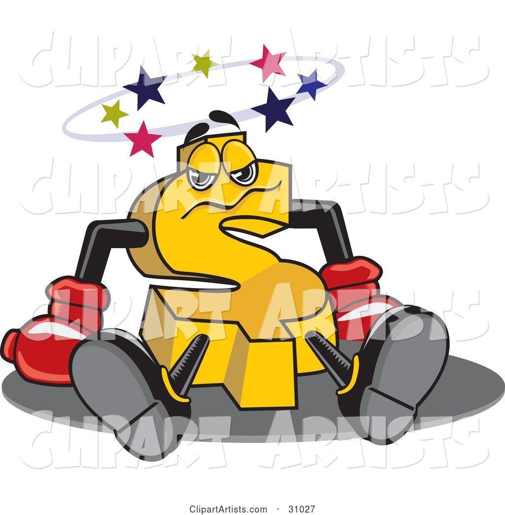 Yellow Dollar Symbol Character Seeing Stars After Being Knocked Out, Symbolizing a Financial Crisis or Blow out Clearance Prices