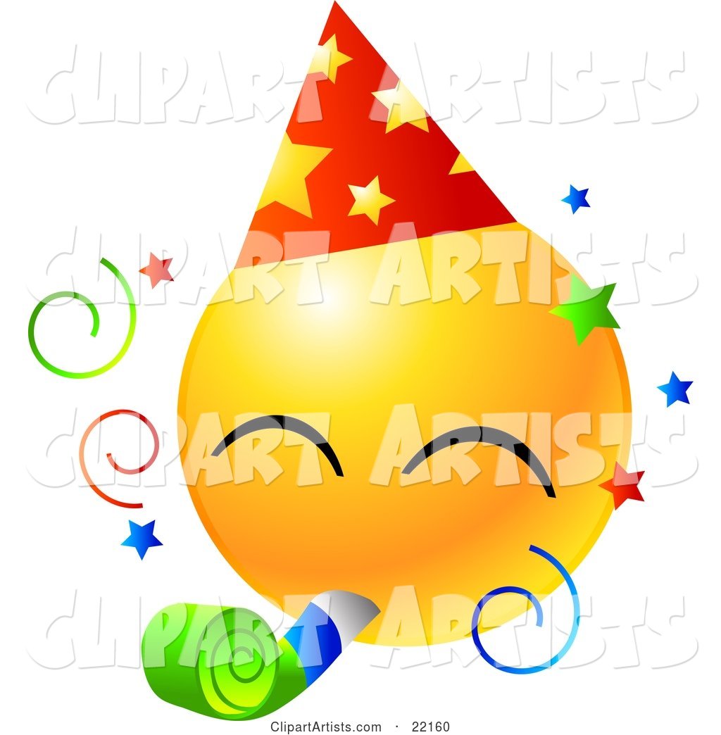 Yellow Emoticon Face Wearing a Party Hat and Blowing on a Noise Maker at a Party