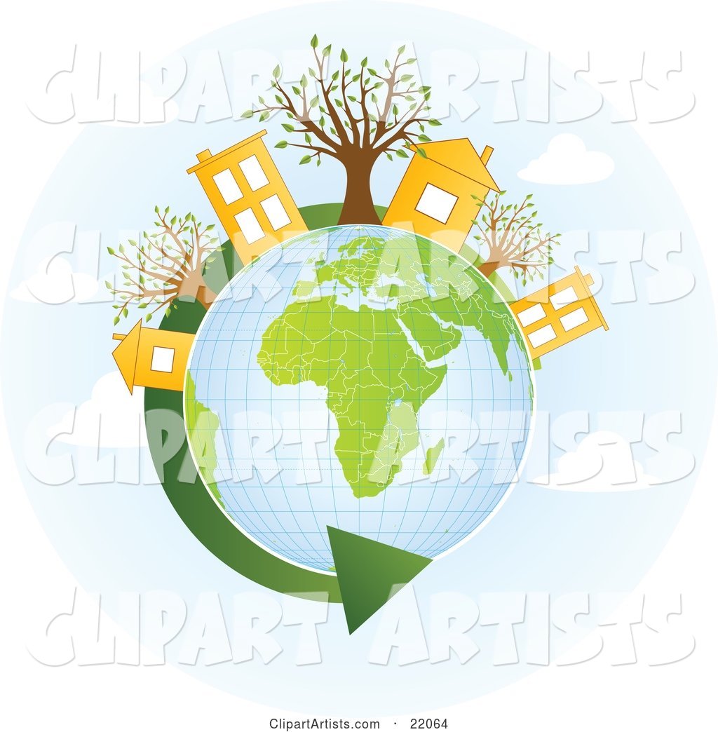 Yellow Homes and Buildings with Trees on Top of a Globe with Green Continents, a Green Renewable Energy Arrow Circling the Planet