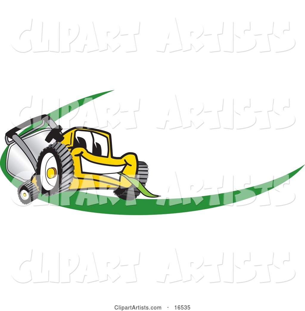 Yellow Lawn Mower Mascot Cartoon Character Facing Front on a Logo or Nametag with a Green Dash