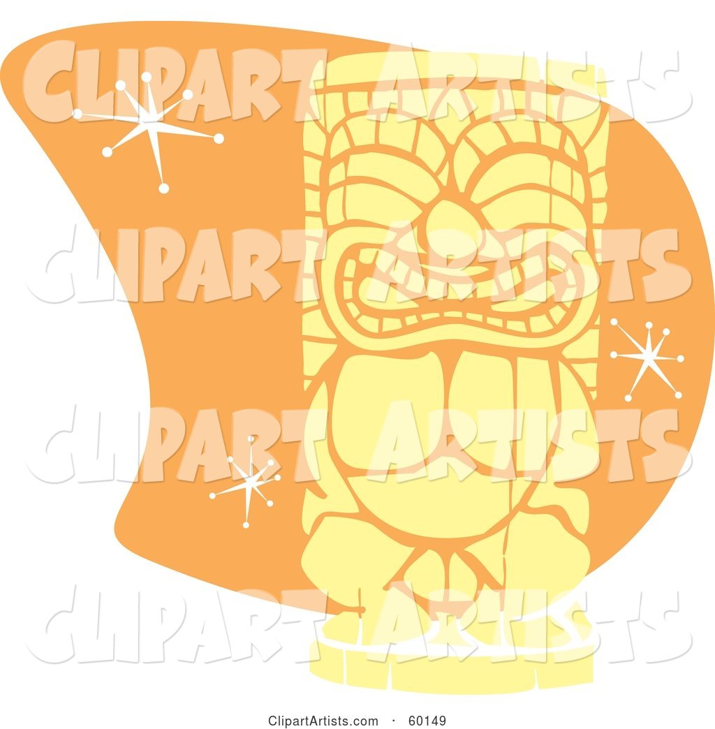 Yellow Tiki Carving in Retro Style, over Orange with Stars