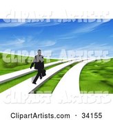 Black Silhouetted Businessman Walking One of Three Paths Through a Grassy Landscape Under a Blue Sky