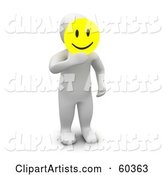 Blanco Man Character Holding a Yellow Emoticon Smiley Face