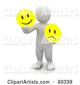 Blanco Man Character Holding Happy and Sad Faces