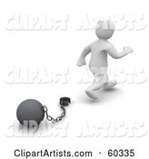 Blanco Man Character Walking Away from a Ball and Chain, Symbolizing Divorce, Debt Free and Freedom