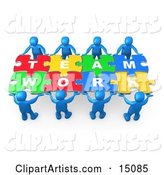 Blue People Working Together to Hold Colorful Pieces of a Jigsaw Puzzle That Spells out Team Work