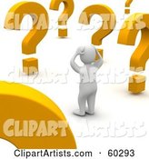 Confused Blanco Man Character Looking at Large Question Marks