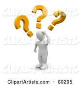Confused Blanco Man Character Looking at Large Question Marks
