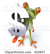 Cute Green Tree Frog Holding a Silver Dollar Symbol - Pose 2