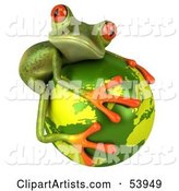 Cute Green Tree Frog Hugging the Planet - Pose 2