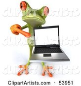 Cute Green Tree Frog Presenting a Laptop - Pose 4