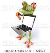 Cute Green Tree Frog Presenting a Laptop - Pose 5