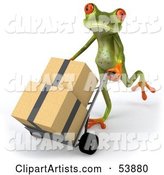 Cute Green Tree Frog Rolling Packages on a Hand Truck - Pose 2
