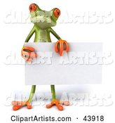 Cute Green Tree Frog Standing and Holding a Blank Sign