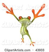 Dancing Green Tree Frog Leaping and Holding His Arms up