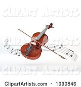 Floating Violin and Bow with a Wave of Music Notes