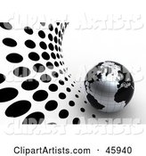 Globe with Blank Continents and Silver Oceans, on a White and Black Dotted Halftone Background