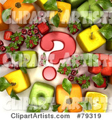 Group of Cubic Genetically Modified Fruits Around a Red Question Mark - Version 1