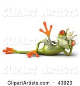 Reclined and Waving Green Tree Frog Prince or King with Big Red Eyes