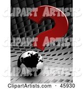 Red Question Mark Above a Black and White Globe on a Chrome Background