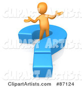 Rendered Orange Man Shrugging and Standing in a Blue Question Mark